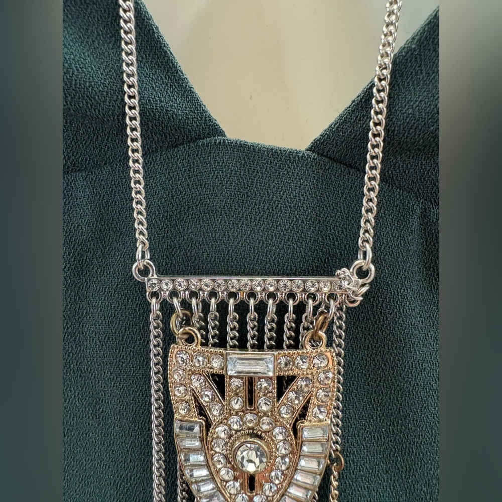 Buckle Art Deco Fringe Pendant Necklace Gold Silver Tone Geometric Statement - Picture 5 of 8